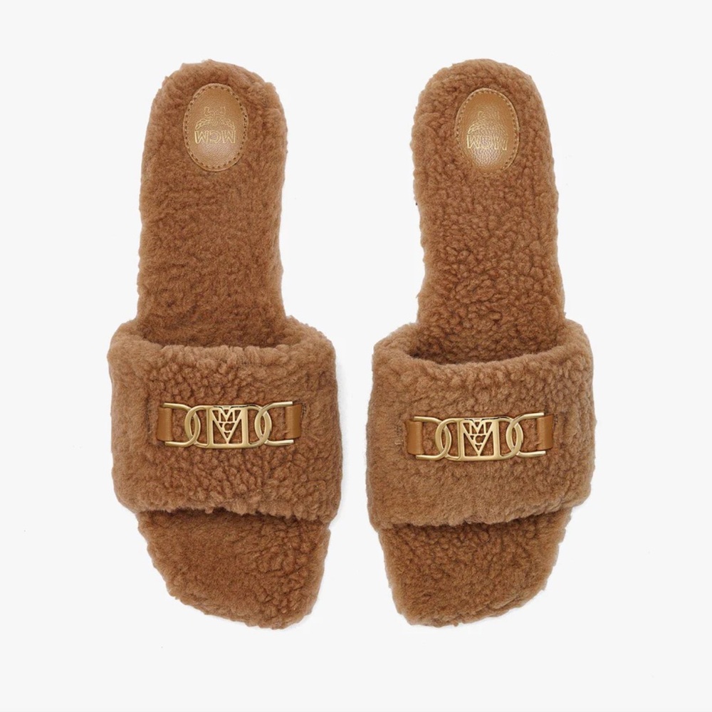 MCM Tan Travia Fur Sandal with Gold Logo